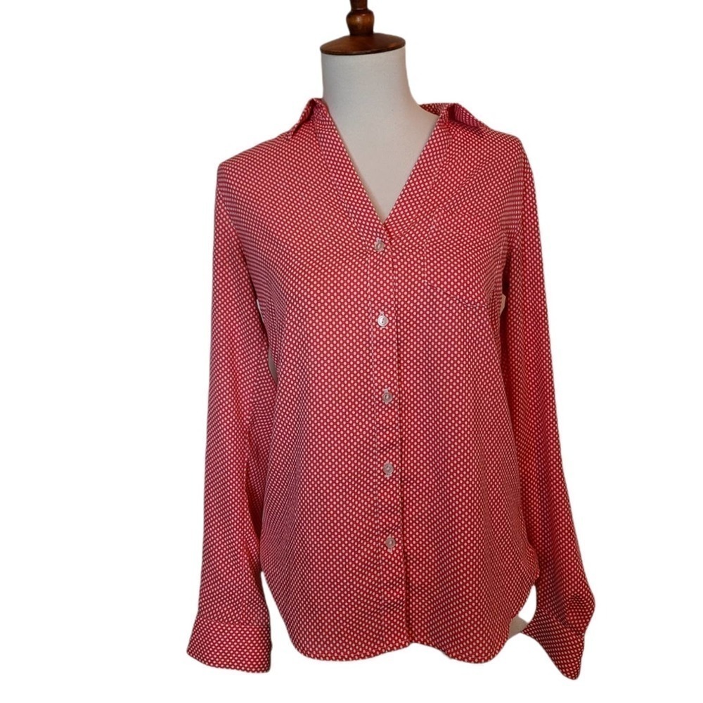 Outback Red‎ Outback Coral Polkadot Button Down Work Career Blouse XS Preowned